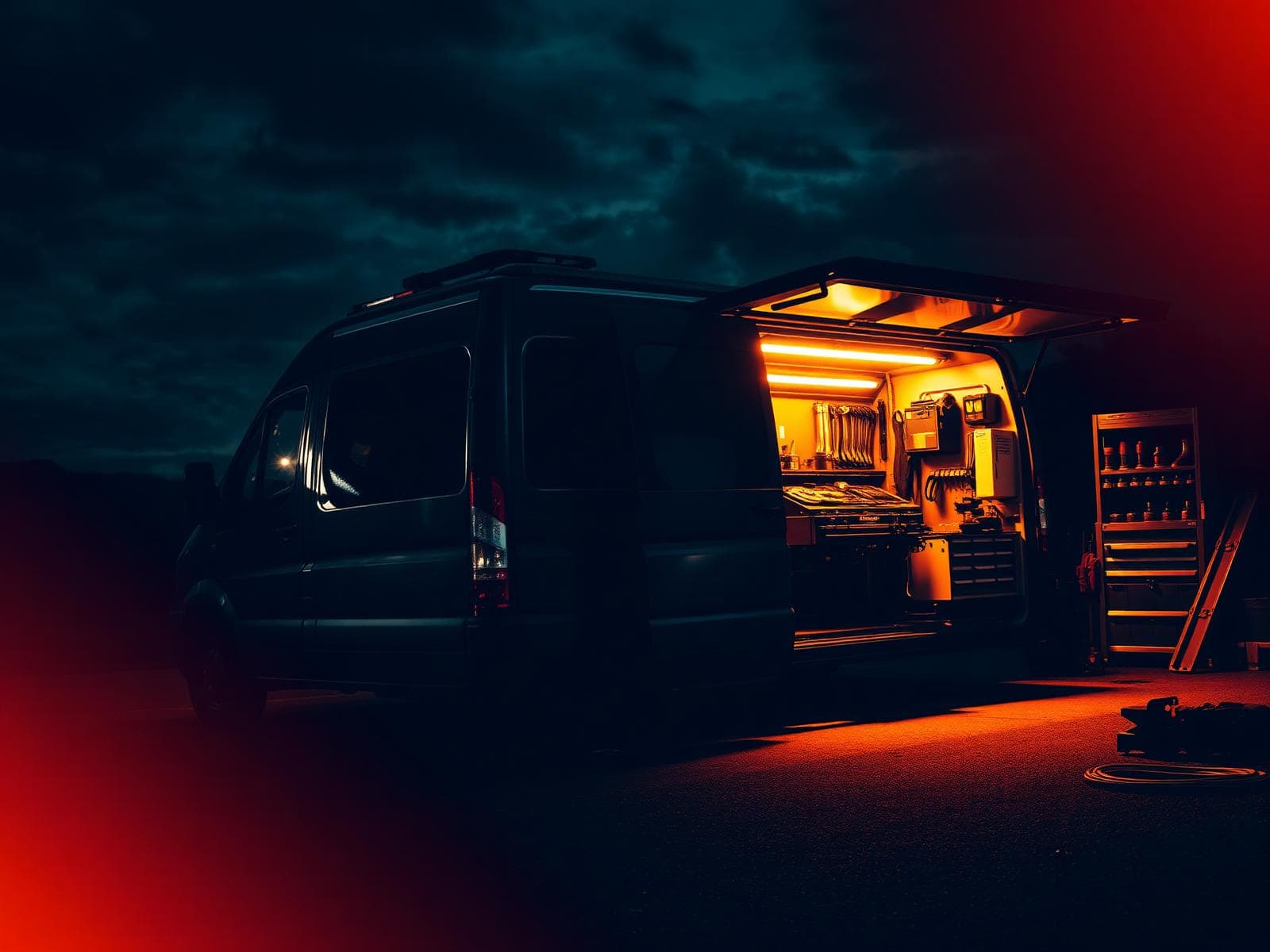 Matt's mobile automotive service van with tools at dusk